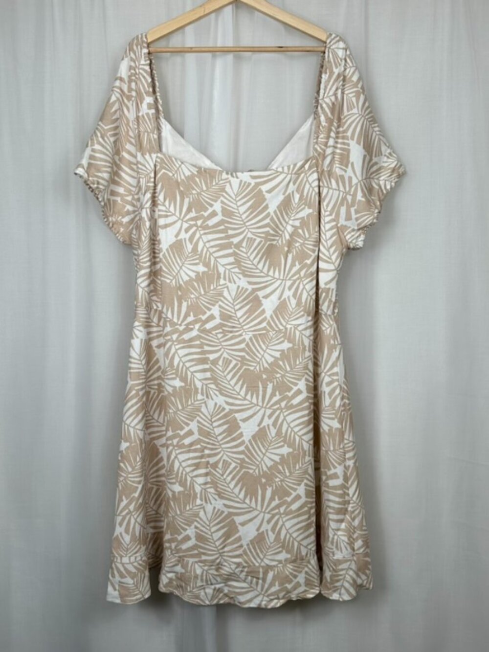 LOFT Plus Size 20 Linen Blend Palm Print Tie Back Dress Neutral Tropical Coastal